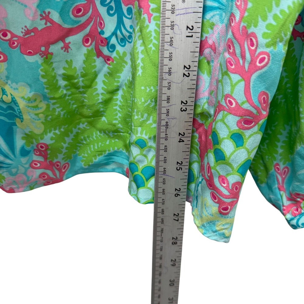 Lilly Pulitzer Silk Blouse Pink Green Tropical Smocked Neck Top Size 14 - Picture 6 of 9